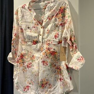 Eden & Olivia Floral Button-Down Shirt - Cream and Pink